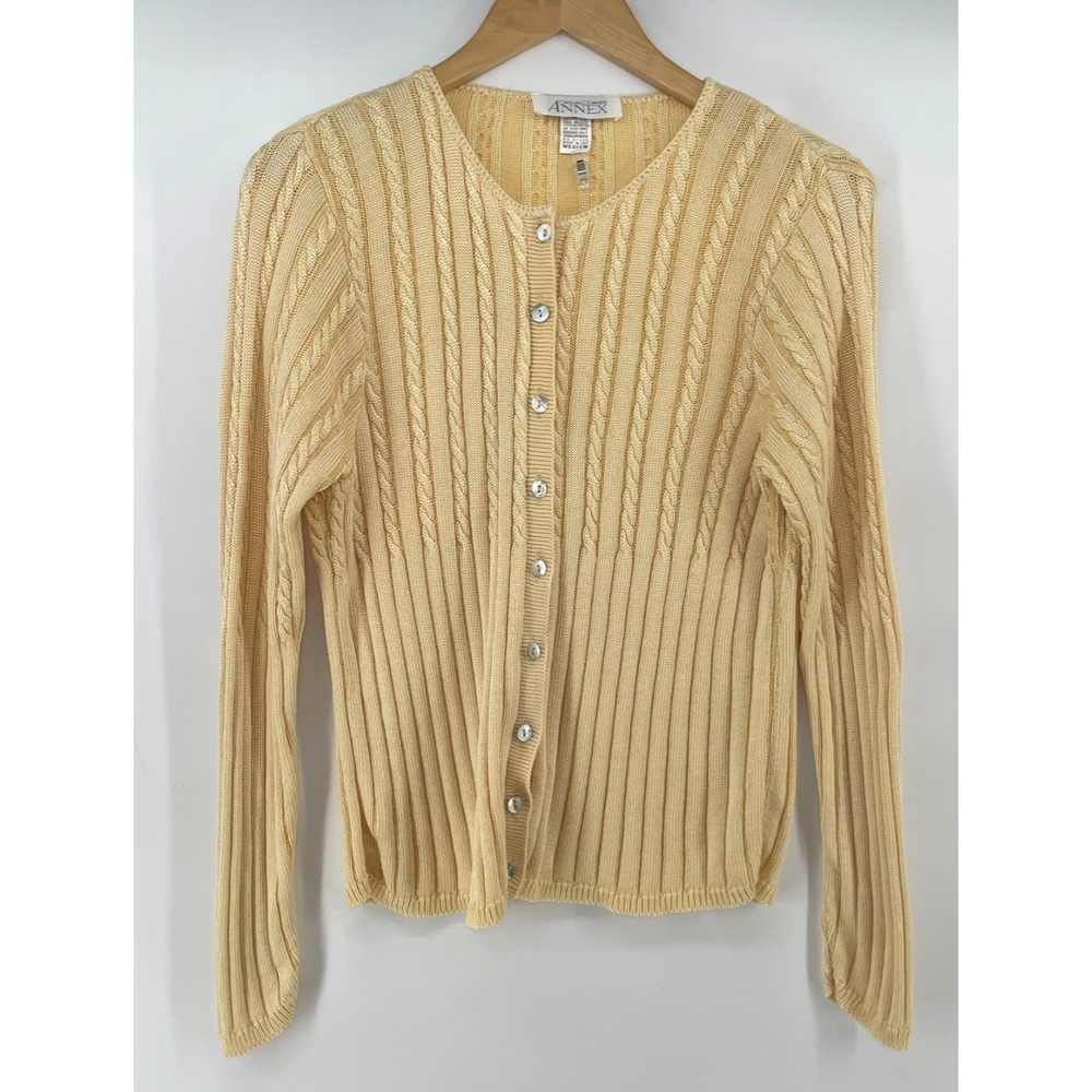 Vtg Casual Corner Cardigan Sweater Sz M Butter Yellow Cotton Blend Button Cable
